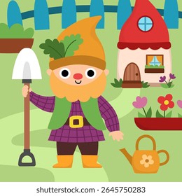 Vector square scene with garden dwarf with shovel, watering can, flower bed, little house. Cute landscape with gnome gardener. Woodland, fantasy forest background with magic creature
