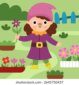Vector square scene with garden dwarf girl with flower beds. Cute landscape with feminine gnome gardener. Woodland, fantasy forest background with magic creature
