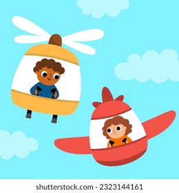 Escena vectorial cuadrada con un avión y helicóptero voladores de niñas y niños. Ilustración de la vista frontal del transporte. Niños muy educados conduciendo el transporte. El paisaje de los vehículos aéreos. Niños de dibujos animados en un avión
