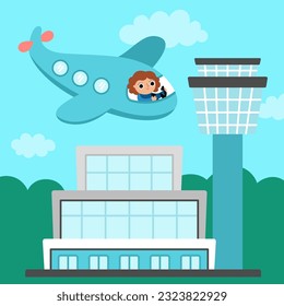 Vector square scene with girl flying airplane and airport and control tower. Transportation illustration. Cute kid driving transport. Air vehicle landscape. Cartoon child on a plane
