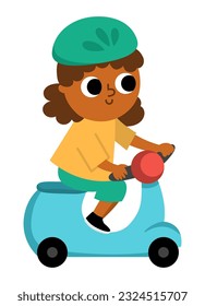 Vector square scene with girl riding a scooter in helmet. Transportation illustration. Cute kid driving transport. Road landscape. Cartoon child on a bike