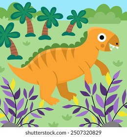 Escena cuadrada de Vector con iguanodon, hojas de helecho y palmeras. Ilustración de paisaje de dinosaurio. Lindo paisaje prehistórico con bosque, plantas y vegetación. Divertida escena de dino para niños
