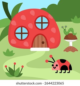 Cena quadrada vetorial com joaninha em pé perto de uma pequena casa anã em forma de morango. Paisagem da floresta com gnomo, inseto. Fundo de floresta mágica com fantasia acolhedora cabana
