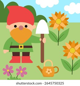 Vector square scene with little garden dwarf with shovel, flower field, sunflowers. Cute landscape with gnome gardener. Woodland, fantasy forest background with magic creature
