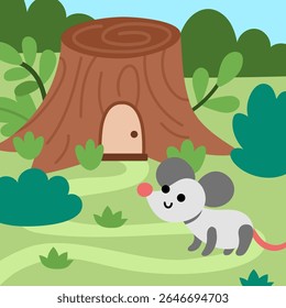 Cena quadrada vetorial com o rato em pé perto da pequena casa anã em forma de coto de árvore. Paisagem de floresta com gnomo casa e animal. Fundo de floresta mágica com fantasia acolhedora cabana
