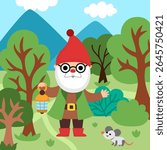 Vector square scene with old dwarf with lantern standing among trees. Cute landscape with gnome miner, worker or lumberjack. Woodland, fantasy forest background with magic creature
