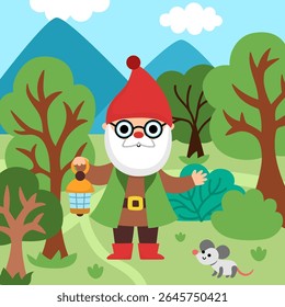 Vector square scene with old dwarf with lantern standing among trees. Cute landscape with gnome miner, worker or lumberjack. Woodland, fantasy forest background with magic creature
