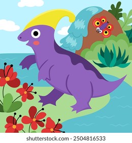 Vector square scene with parasaurolophus. Dinosaur landscape illustration. Cute prehistoric scenery with waterfall, river, flowers, trees. Funny dino scene for kids
