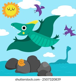 Vector square scene with pterodactyl. Dinosaur landscape illustration. Cute prehistoric scenery with flying pterosaur, sky, sun. Funny dino scene for kids
