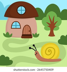 Vector square scene with snail standing near little dwarf house shaped as mushroom. Woodland landscape with gnome home, animal. Magic forest background with fantasy cozy cottage
