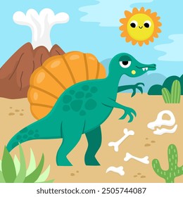 Vector square scene with spinosaurus. Dinosaur landscape illustration. Cute prehistoric scenery with desert, bones, volcano, smiling sun. Funny dino scene for kids
