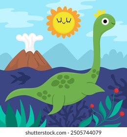 Vector square scene with swimming plesiosaur. Dinosaur landscape illustration. Cute prehistoric scenery with sea, seaweeds, volcano, mountains, smiling sun. Funny water dino scene for kids
