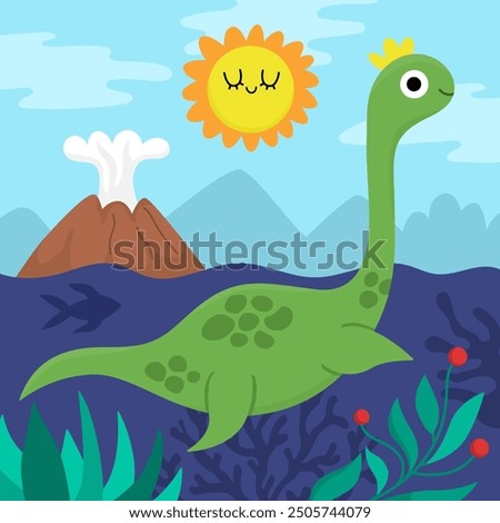 Vector square scene with swimming plesiosaur. Dinosaur landscape illustration. Cute prehistoric scenery with sea, seaweeds, volcano, mountains, smiling sun. Funny water dino scene for kids
