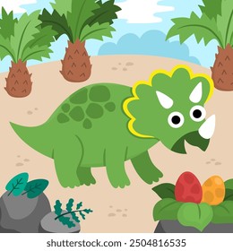 Escena cuadrada de Vector con triceratops. Ilustración de paisaje de dinosaurio. Lindo paisaje prehistórico con bosque, palmeras, nido, huevos. Divertida escena de dino para niños
