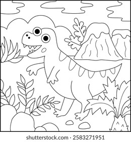 Vector square scene with Tyrannosaurus Rex. Dinosaur landscape illustration. Cute line prehistoric coloring page with T-rex, volcano, fern leave, palm tree, stone. Funny dino scenery for kid
