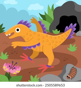 Escena cuadrada de Vector con velociraptor. Ilustración de paisaje de dinosaurio. Lindo paisaje prehistórico con cueva, ciempiés, flores, piedras. Divertida escena de dino para niños
