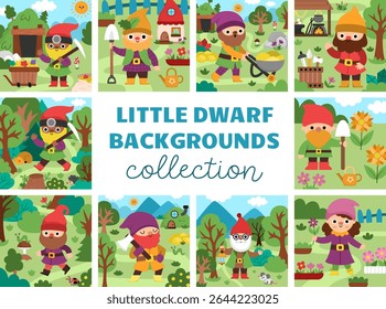 Vector square scenes collection with garden, miner, blacksmith, wise man and girl dwarf. Cute collection of landscapes with gnomes. Woodland, fantasy forest background with magic creatures
