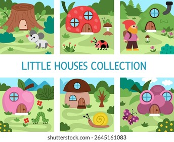 Vector square scenes set with animals and dwarf houses shaped as apple, mushroom, berry. Woodland landscape with gnome homes. Magic forest backgrounds set with fantasy cozy cottages
