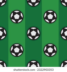 Vector square seamless colorful sport pattern of striped green field with black nd white soccer triangular ball. Football texture.