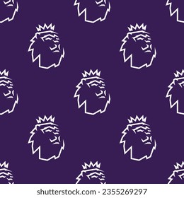 Vector square seamless english football league logo with outline white lion head with crown on purple background.