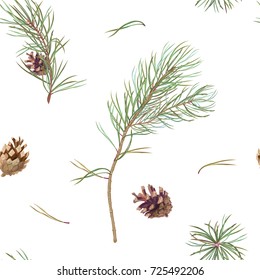 Vector square seamless pattern with green pine branches and brown cones, needles on white background, illustration for fabric, wallpaper, wrapping, vintage