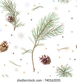 Vector square seamless pattern with green pine branches and brown cones, needles, snowflakes, stars, tinsel on white background, illustration for fabric, wallpaper, wrapping, vintage