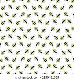 Vector square seamless pattern or texture of yellow bees with blue wings on a white background.