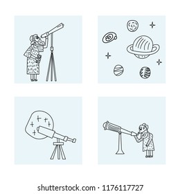 Vector square set design of astronomer and astronomic objects.