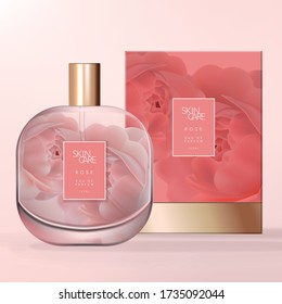 Vector Square Shape Rounded Corner  Clear Glass Perfume Bottle With Rose Pattern Printed On Back Panel. Rigid Carton Box With Gold Foil Base.