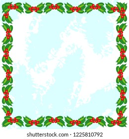 Vector square shaped frame for text with cartoon mistletoe plants and white / blue background resembling frost patterns on glass. Christmas or New Year decorative text frame.