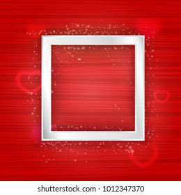 Vector square silver frame with lights effect and hearts on bright light pink background. Shining banner with stars and glitter. Vector template