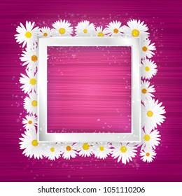 Vector square silver frame with lights effect and hearts on bright light pink background. Shining banner with stars and glitter.