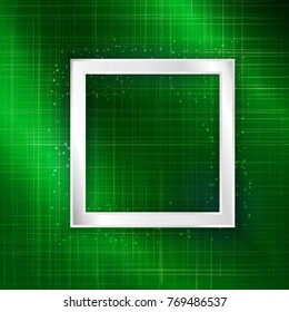 Vector square silver frame with lights effect on bright light green background. Shining banner with stars and glitter. Vector template