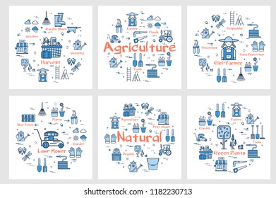 Vector square six banners of icons  showing farming and agriculture concept with tools and instruments in linear style. Natural products, lawn mower, harvest and woman farmer