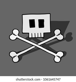 Vector of a square skull with bones. Symbol of pirates danger skull with bones. Hand drawn cartoon skull and bones.