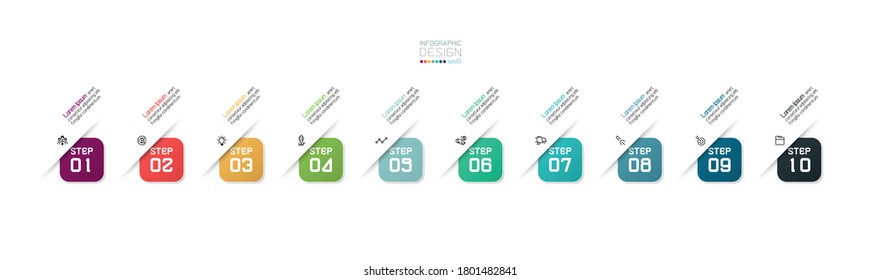 Pequeña caja cuadrada vectorial con esquinas redondeadas diseño 10 pasos utilizados para el proceso de trabajo y explicar el paso de la planificación de trabajo.ilustración vectorial.