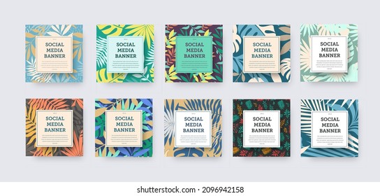Banner de medios sociales cuadrados vectoriales con ramas tropicales, jungla exótica, elementos geométricos blancos en el centro. Plantilla de posteo con diseño brillante, hojas de palma, monstera, composición creativa. Establecer