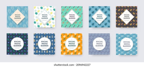 Vector square social media banner with tropical, exotic branches, geometric elements on white background. Post template, brochures with colorful design, palm leaves, monsters, for presentation. Set