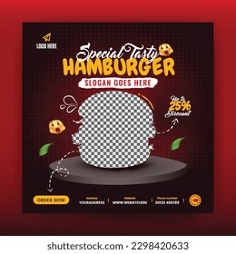 Vector square social media post banner template for healthy burger foods and pizza restaurant