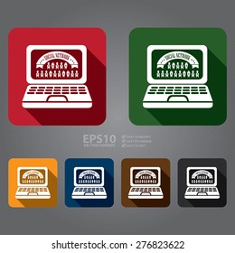 Vector : Square Social Network on Computer Laptop Screen Monitor Flat Long Shadow Style Icon, Label, Sticker, Sign or Banner 