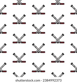 Vector square sport seamless ice hockey black crossed sticks with lettering and puck pattern.