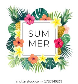 Vector square summer design with exotic monstera palm leaves, Frangipani and Hibiscus flowers, pineapples and space for text. Sale offer template, banner of flyer background. Tropical backdrop