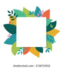Vector square template banner. Beautiful frame with green leaves and plants, isolated.