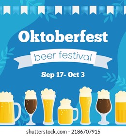 Vector square template banner invitation for Oktoberfest. Autumn beer festival illustration. Beer mugs on blue background with traditional colors flags. Greeting card for social media