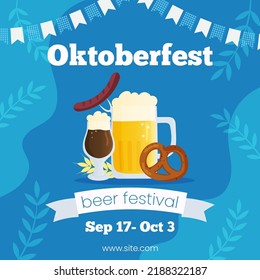 Vector square template banner invitation for Oktoberfest. Autumn beer festival illustration. Beer mugs on blue background with traditional colors flags. Greeting card for social media