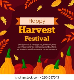 Vector square template banner invitation for Harvest festival. Autumn Thanksgiving day illustration. Pumpkins and leaves on brown background. Greeting card harvesting celebrate for social media.