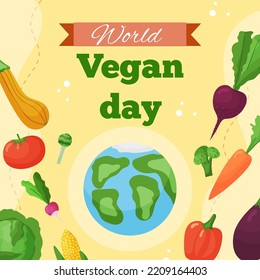 Vector Square Template Banner World Vegan Day. Greeting Card Illustration With Vegetable Of Organic Food And Healthy Diet. Flyer For Event And Social Media.