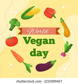 Vector Square Template Banner World Vegan Day. Greeting Card Illustration With Vegetable Of Organic Food And Healthy Diet. Flyer For Event And Social Media.