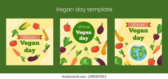 Vector square template banner World Vegan Day. Greeting card illustration with vegetable of organic food and healthy diet. Flyer for event and social media.