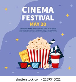 Vector square template cinema movie festival poster card. Popcorn basket, ticket, clapper, 3d glasses on violet background. Flyer or brochure for event